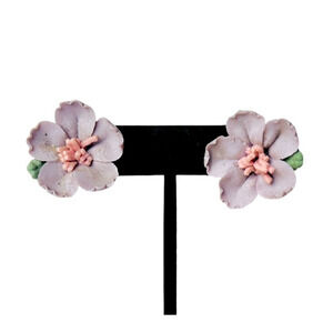 Viintage Ceramic Bisque Pink Lilac Anemone Flower Handmade Stud Earrings